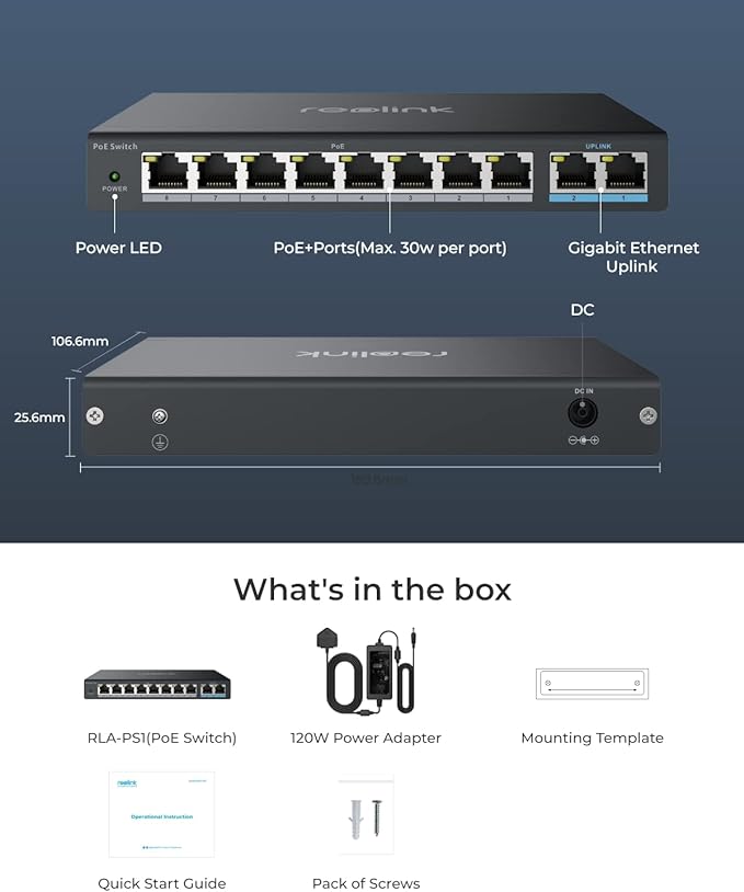 Reolink PoE Switch 8 port fast, 2 Gigabit Uplink Ports, 120W