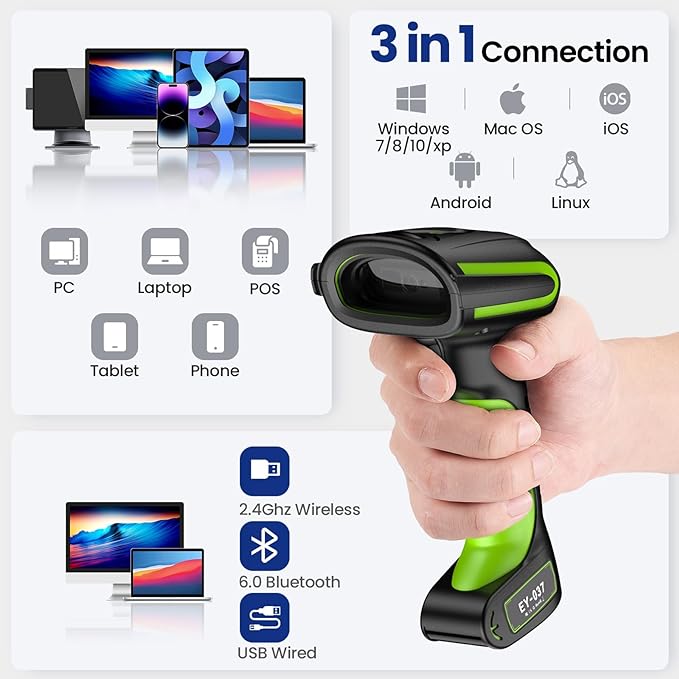Eyoyo 2D QR Industrial Barcode Scanner with Wireless Charging Stand