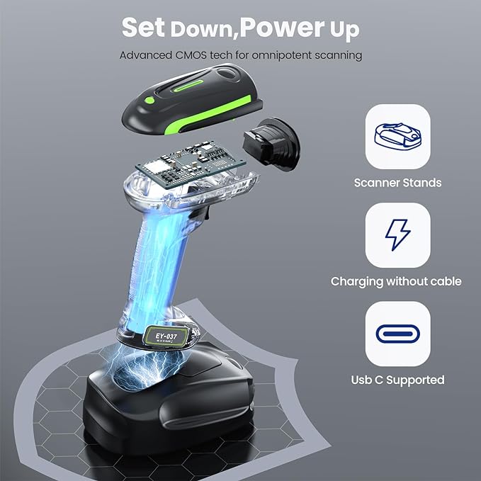 Eyoyo 2D QR Industrial Barcode Scanner with Wireless Charging Stand
