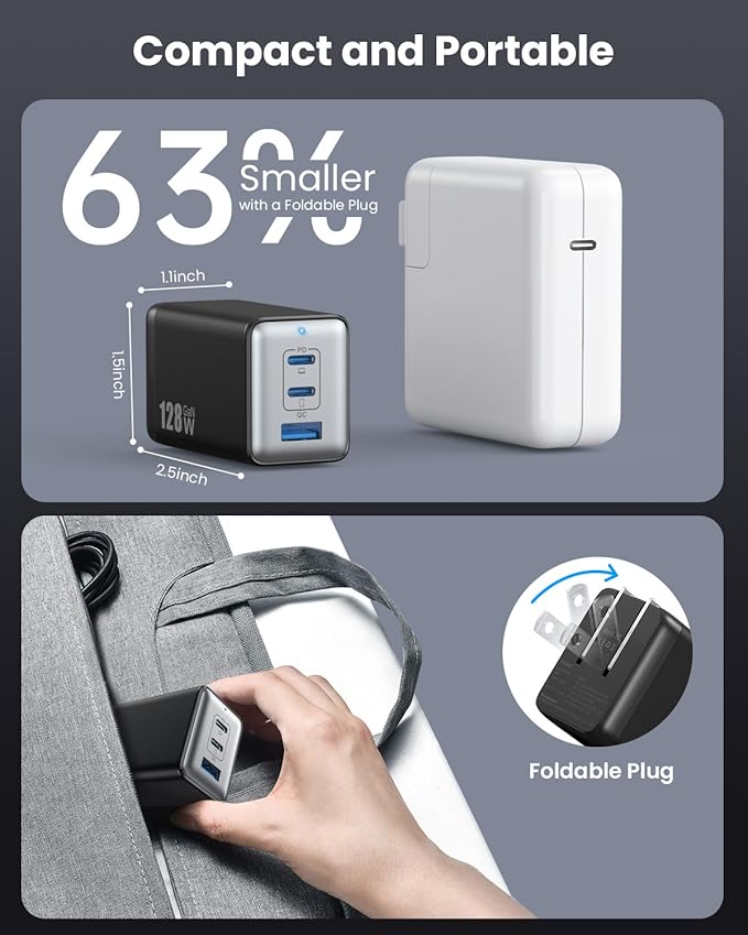 128W USb C Wall charger GaN 3port fast charging station