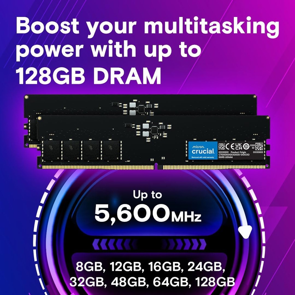 Crucial 16GB DDR5 RAM Kit (2x8GB), 4800MHz (PC5-38400) CL40 UDIMM 288-Pin Desktop Memory