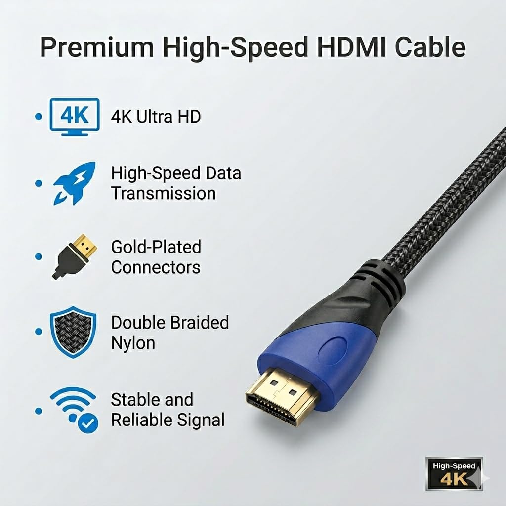 High-Speed Braided HDMI Cable 4K 60Hz HDR, HDMI 2.0 - 3 FT