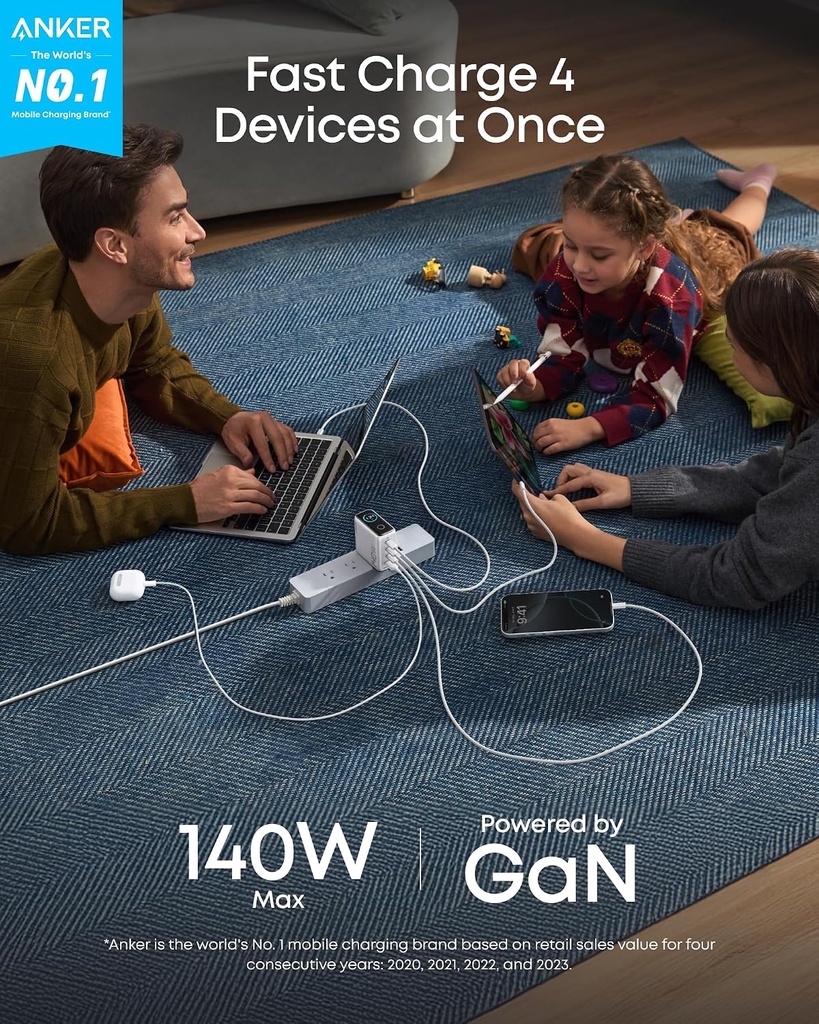 Anker 140W 4-Port GaN USB C Charger Block with Smart Display, USB C+A Power Adapter