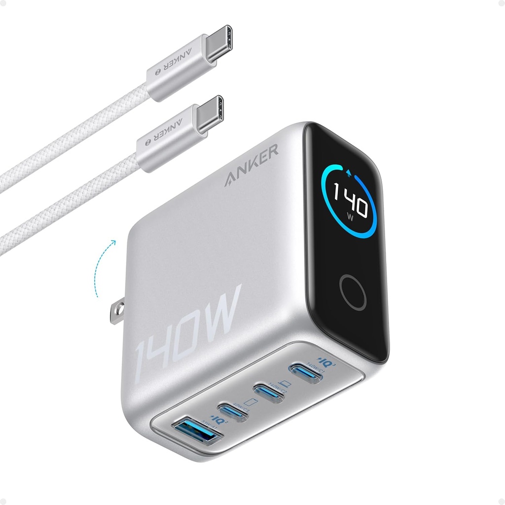 Anker 140W 4-Port GaN USB C Charger Block with Smart Display, USB C+A Power Adapter - B2697